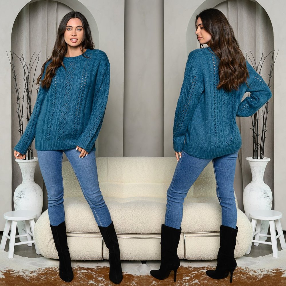 LAST 2 PACK: Dark Teal long sleeve round neck trendy women's fall knit sweater
